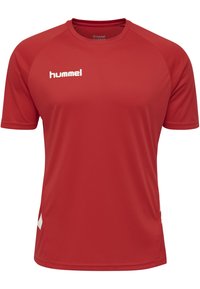 Rotes kurzärmeliges Sportshirt mit weißem „hummel“-Logo auf der Brust und weißen Chevron-Details in Taillennähe.