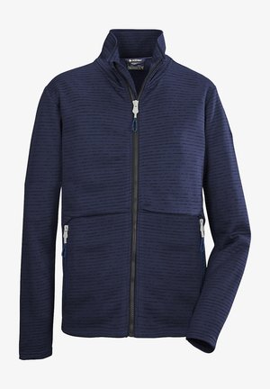 Granatowa kurtka zapinana na zamek, wykonana z teksturowanej tkaniny w poziome paski. Wyposażona w dwie boczne kieszenie na zamek i wysoki kołnierz.