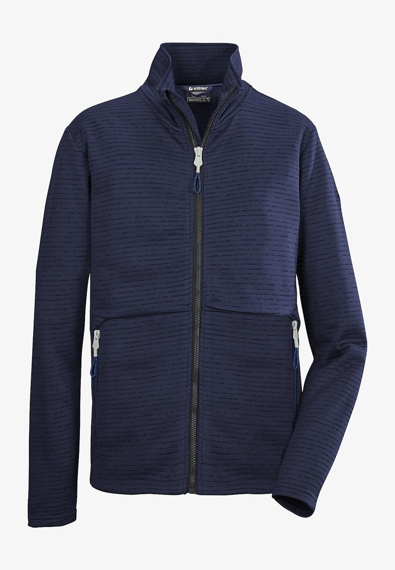 Veste zippée marine en tissu texturé avec des rayures horizontales. Dispose de deux poches latérales zippées et d'un col montant.