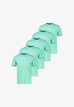 Fünf identische, mintgrüne T-Shirts mit kurzen Ärmeln und Rundhalsausschnitt, in versetzter Anordnung auf weißem Hintergrund.