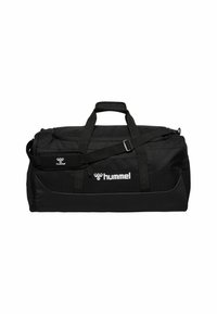 Black duffel bag made of durable fabric. Features adjustable shoulder strap, dual handles, and prominent white logo. Zippered main compartment.