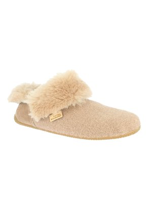 Beige slipper made of wool with a faux fur cuff, flat sole, rounded toe, and a branded tag on the side. Soft texture and warm design.