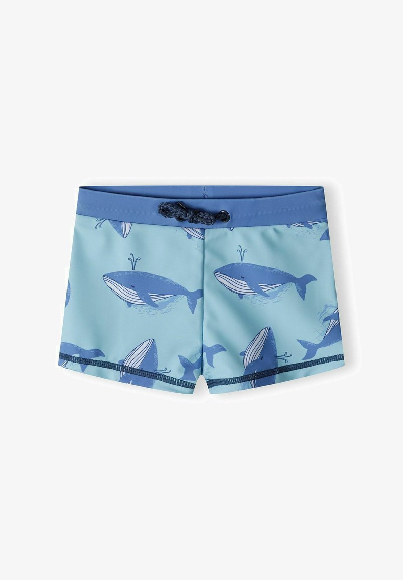 Zilā peldbikses ar vaļu rakstu dažādās zilajās nokrāsās, ar viendabīgu zilu jostu un auklu, izgatavotas no viegla materiāla.