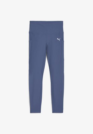 Leggings blu navy con una ampia fascia in vita, realizzati in tessuto elasticizzato. Presentano tasche laterali e un piccolo logo bianco vicino alla fascia.