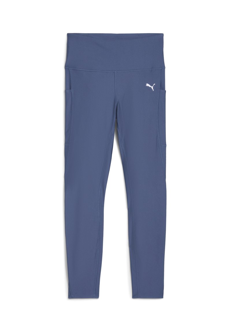 Marinblå leggings med bred midja, gjorda av elastisk tyg. Har sidofickor och en liten vit logotyp nära midjan.