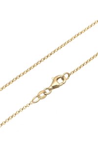 Collier en chaîne à maillons couleur or avec un fermoir à mousqueton. Présente des maillons ovales et une finition lisse et polie. Marqué "925".