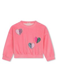 Felpa rosa con collo a girocollo rigato e orlo elastico. Presenta quattro applicazioni a forma di cuore, cucite e glitterate, in vari colori e modelli.