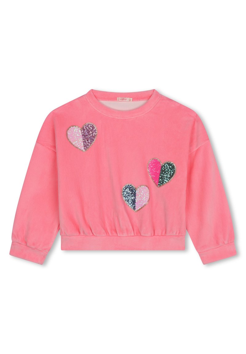 Felpa rosa con collo a girocollo rigato e orlo elastico. Presenta quattro applicazioni a forma di cuore, cucite e glitterate, in vari colori e modelli.