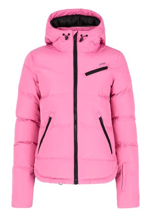 Roze pufferjack met een rits aan de voorkant, zwarte accenten en zakken. Heeft een capuchon, een boxy vorm en een glanzende afwerking.