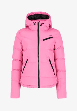 Chaqueta de plumas rosa con cremallera frontal, ribetes negros y bolsillos. Presenta una capucha, una forma cuadrada y un acabado brillante.