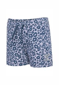 Blå och lavendel leopardmönstrade shorts med elastisk midja, dragsko och en liten logotyp på nedre högra sidan. Mjukt material, avslappnad design.
