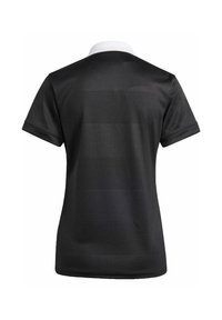 Svart kortärmad polo skjorta med en strukturerad design. Har en vit krage och en åtsittande passform. Slät tyg med ventilerande sektioner.