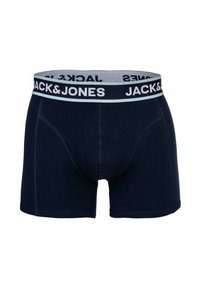 Boxers en coton bleu marine avec un design ajusté, dotés d'une ceinture élastique contrastante portant l'inscription "JACK & JONES" en blanc et bleu clair.
