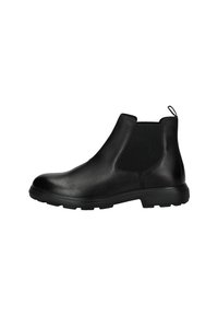 Botas de cuero negro hasta el tobillo con paneles laterales elásticos, puntera redondeada y suela de goma texturizada. Cuenta con una pestaña en la parte trasera para facilitar el uso.