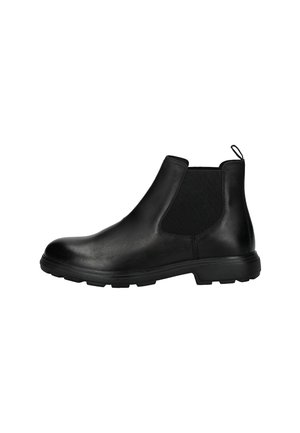 Botas de cuero negro hasta el tobillo con paneles laterales elásticos, puntera redondeada y suela de goma texturizada. Cuenta con una pestaña en la parte trasera para facilitar el uso.