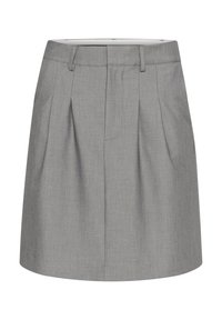 Jupe plissée grise en tissu léger. Elle présente une taille avec passants de ceinture et deux poches avant. Texture lisse, longueur genoux.