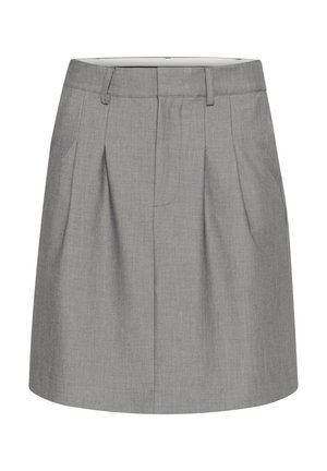 Grijze geplooide rok van lichtgewicht stof. Heeft een tailleband met riemlussen en twee voorzakken. Glad textuur, knie-lengte.