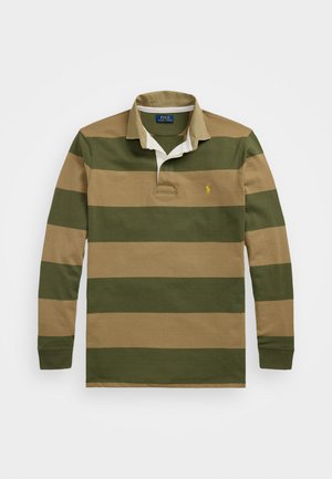 Long-sleeve rugby shirt featuring alternating green and tan stripes, ribbed collar, and a small embroidered logo above the left chest.
