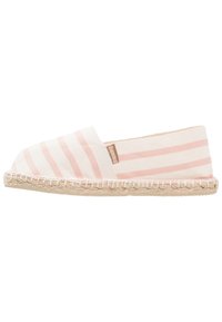 Canvas espadrille in cream with light pink stripes. Features a jute rope sole and elasticized sides for easy wear. Small logo on side.