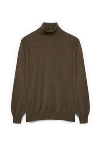Maglione dolcevita marrone a costine in un morbido e lucido tessuto a maglia, con maniche lunghe e una vestibilità rilassata, caratterizzato da un design con spalle leggermente scese.