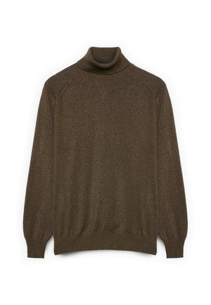 Maglione dolcevita marrone a costine in un morbido e lucido tessuto a maglia, con maniche lunghe e una vestibilità rilassata, caratterizzato da un design con spalle leggermente scese.