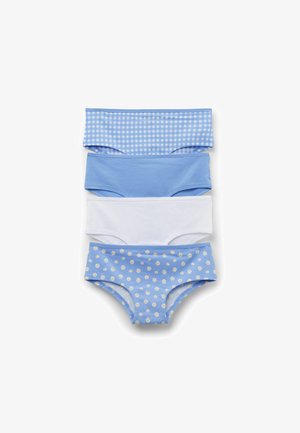 Quatre culottes pour enfants en nuances de bleu et blanc : une à carreaux, deux unies, et une avec un motif floral sur fond bleu.