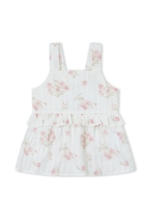 Vestido blanco para niña pequeña con estampado floral rosa, tirantes anchos y detalle de volante en la cintura.