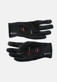 Schwarze Handschuhe aus Windstopper-Material, mit strukturierten Griffbereichen, einem verstellbaren Riemen und offenen Fingerspitzen für Beweglichkeit.