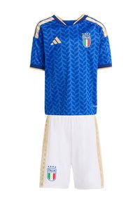 Modrý futbalový dres s listovým vzorom, zlatými detailmi a erbom Talianska. Biele šortky so zlatými bočnými pruhmi, vyrobené z ľahkej tkaniny.
