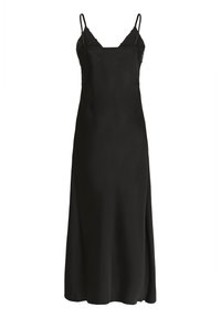 Crna satenasta haljina bez rukava s tankim trakicama, V-izrezom i bočnim prorezom, s glatkom teksturom i elegantnom siluetom.