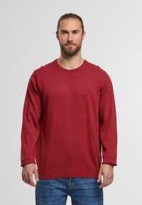 Roter Pullover mit langen Ärmeln, rundem Halsausschnitt, gerippten Bündchen und Saum, mit einem kleinen blauen Logo auf der Brust, aus einem weichen Material.