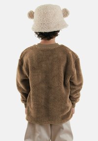 Sudadera de forro polar marrón y esponjosa con mangas largas y puños acanalados. Sombrero de cubo beige con pompones en la parte superior. Diseño minimalista, textura suave.