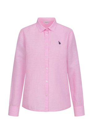 Long-sleeve pink button-up shirt with collar, featuring a small embroidered black logo on the left chest.