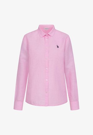 Long-sleeve pink button-up shirt with collar, featuring a small embroidered black logo on the left chest.