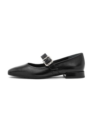 Black leather Mary Jane flat shoe with a pointed toe and small heel, featuring a decorative buckle strap across the foot.