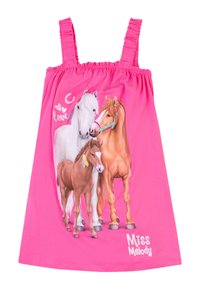 Abito senza maniche rosa con un'immagine di tre cavalli: un cavallo bianco, un cavallo marrone e un puledro. Il testo recita "Miss Melody" in bianco.