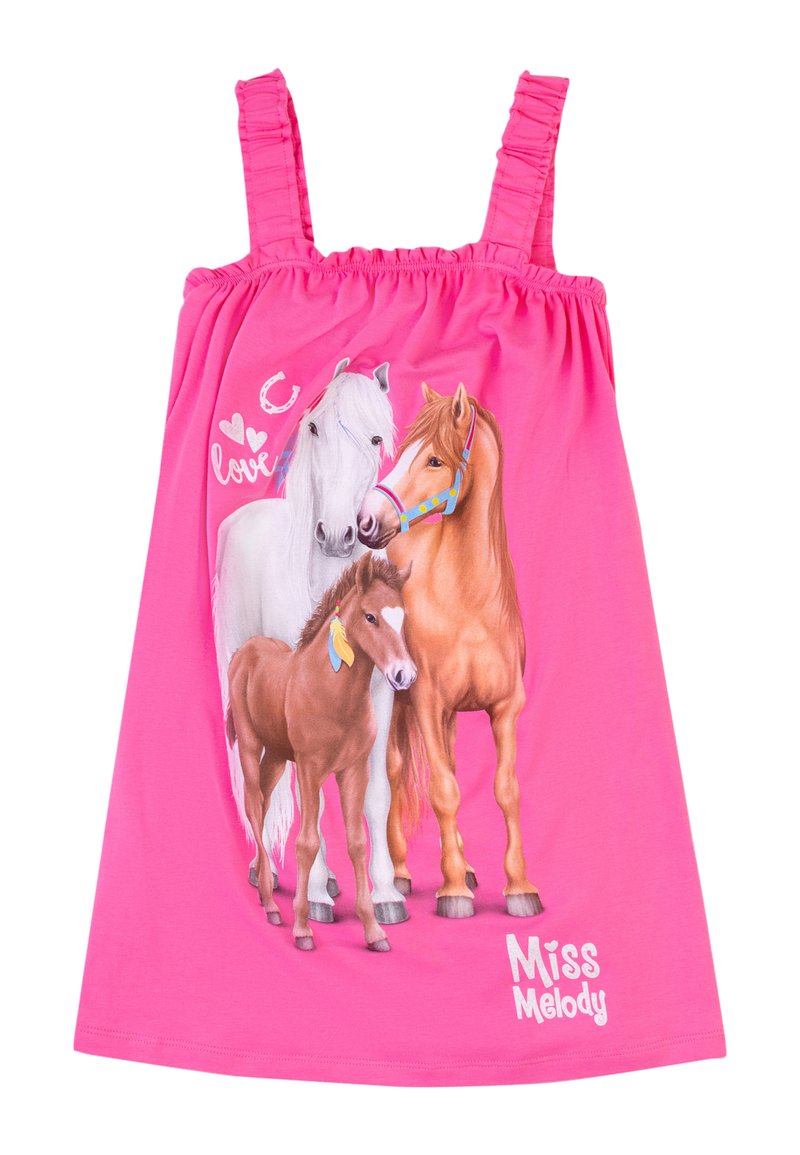 Abito senza maniche rosa con un'immagine di tre cavalli: un cavallo bianco, un cavallo marrone e un puledro. Il testo recita "Miss Melody" in bianco.