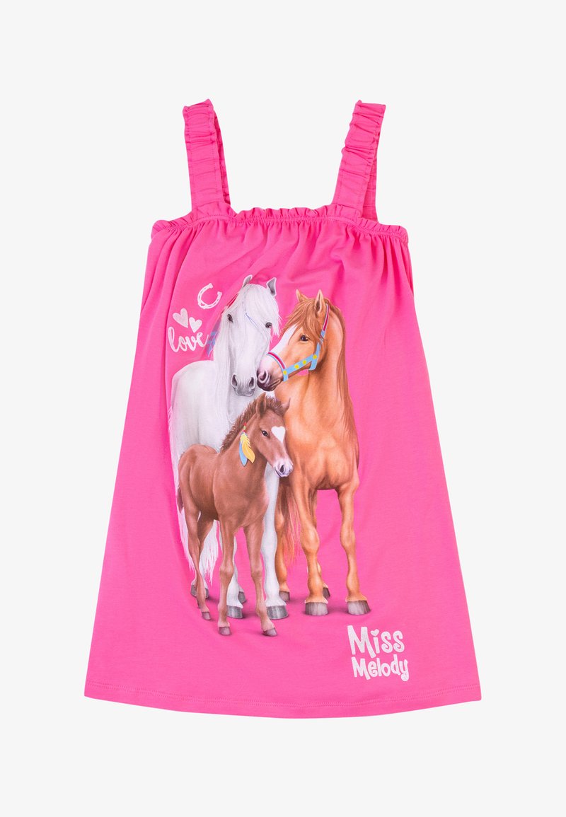 Abito senza maniche rosa con un'immagine di tre cavalli: un cavallo bianco, un cavallo marrone e un puledro. Il testo recita "Miss Melody" in bianco.