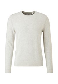 Pull gris clair à col rond avec manches longues, poignets et ourlet côtelés, présenté sur un fond blanc uni.