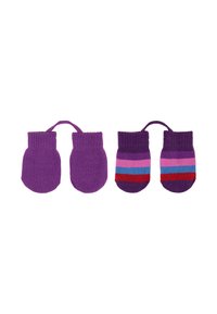 Ein Paar gestrickte Fäustlinge; einer in einfarbigem Lila, der andere in Lila mit Streifen in Pink, Blau und Rot. Beide haben gestrickte Bündchen und verbindende Bänder.