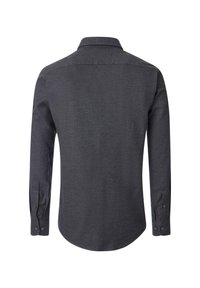 Dunkelgraues langärmliges Hemd mit kragen, Knopfmanschetten und glatter Textur. Verfügt über einen leicht gebogenen Saum und ein dezentes Webmuster.