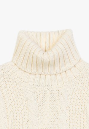 Crème kleurige gebreide coltrui met een geribbelde kraag en een getextureerd kabelpatroon op het lijf.