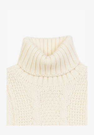 Crème kleurige gebreide coltrui met een geribbelde kraag en een getextureerd kabelpatroon op het lijf.