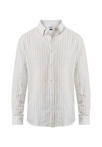Camisa abotonada ligeramente texturizada en crema con rayas azul claro, que presenta un cuello estándar y mangas largas con puños abotonados.