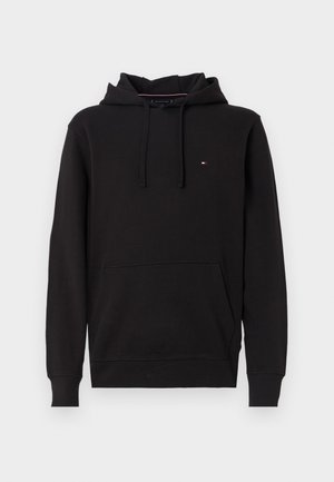 Felpa nera con cappuccio realizzata in morbido tessuto, con tasca anteriore, polsini e orlo a coste, e un piccolo logo sul lato sinistro del petto.