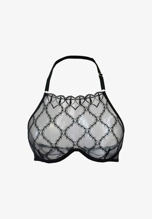 Juodas nėrinių liemenėlė su skaidraus tinklelio kūnu, sudėtinga deimanto raštuota siuvinėta medžiaga ir reguliuojamos juostos su banguotais kraštais.