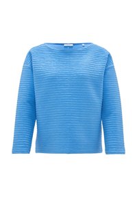 Blauwe langmouw top met een gestructureerd ribbelpatroon. Heeft een ronde halslijn en een losse pasvorm, gemaakt van een zachte stof.