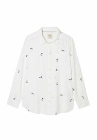 White button-up shirt featuring a pocket, long sleeves, and colorful embroidered patterns of people engaging in various outdoor activities.