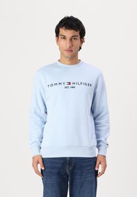 Šviesiai mėlynas apvalus kaklas su ilgomis rankovėmis ir gumuotais rankogaliais. Krūtinėje yra "TOMMY HILFIGER EST. 1985" logotipas.