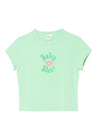 T-shirt με κοντά μανίκια σε χρώμα μέντας με το κείμενο "Juicy Rox!" και ροζ διαμαντένιο σχέδιο στο κέντρο μπροστά.